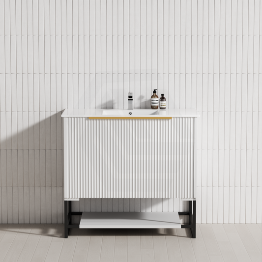 600-1500Mm Thena Freestanding Plywood Vanity Matt White Linear Surface Single/Double Bowls Cabinet