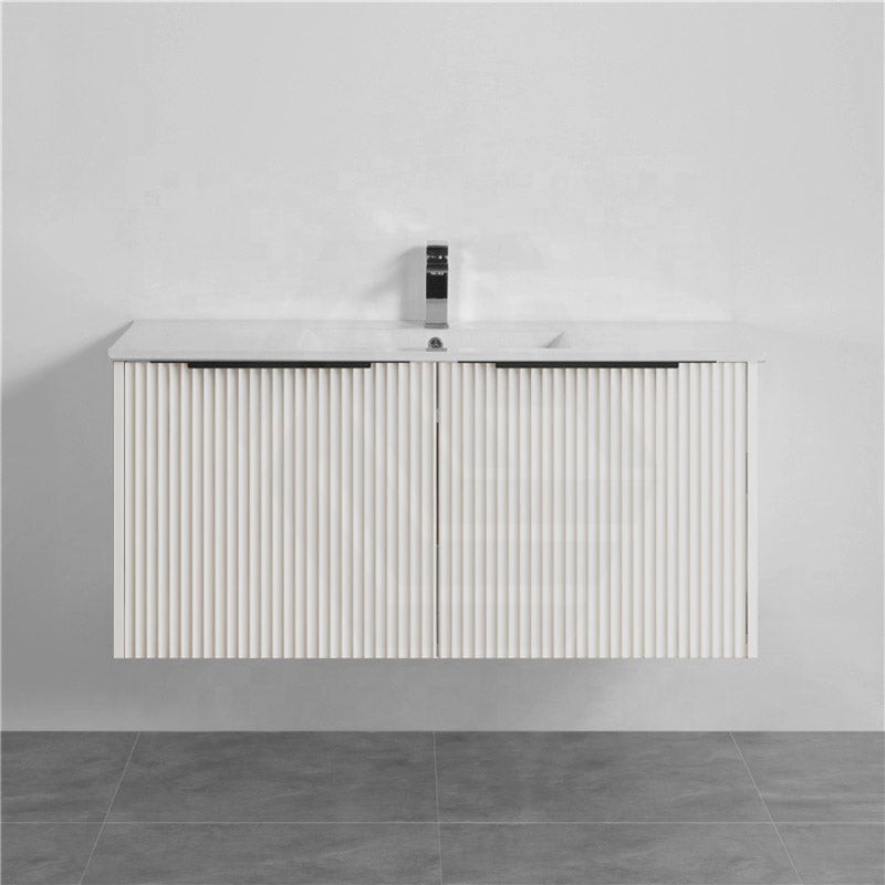 600-1500Mm Thena Wall Hung Plywood Vanity Matt White Linear Surface Single/Double Bowls Cabinet Only