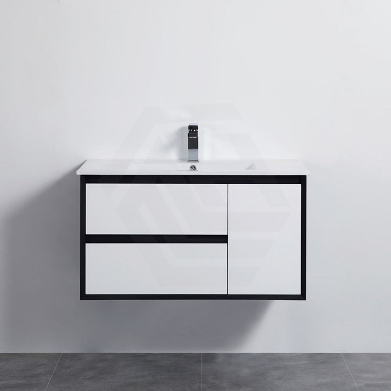 600-1500Mm Wall Hung Pvc Vanity Matt Black & White Cabinet Only For Bathroom 900Mm-Left Hand Drawers