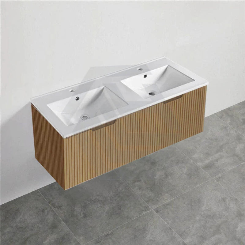 600-1500Mm Wall Hung Vanity Fluted Style American Oak Color Pvc Coating 1200Mm Double Bowls / With