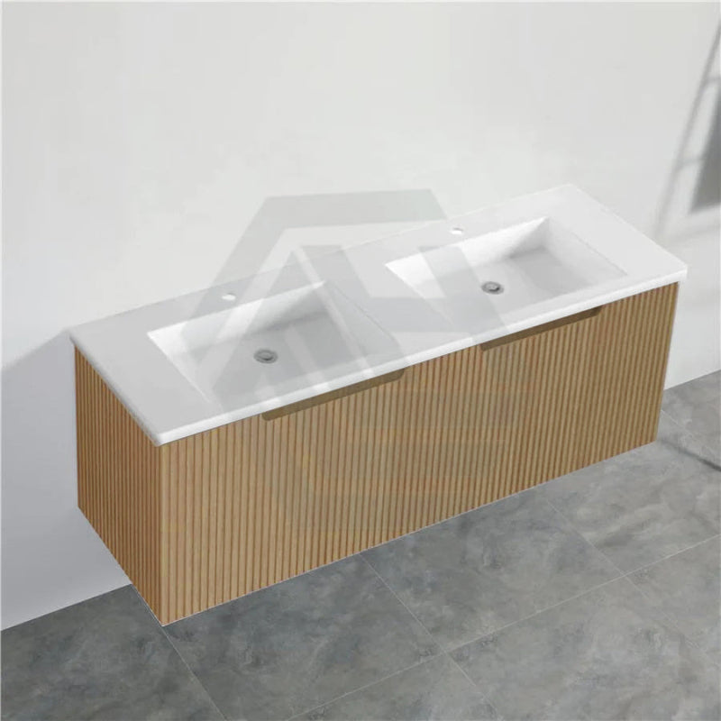 600-1500Mm Wall Hung Vanity Fluted Style American Oak Color Pvc Coating 1500Mm Double Bowls / With