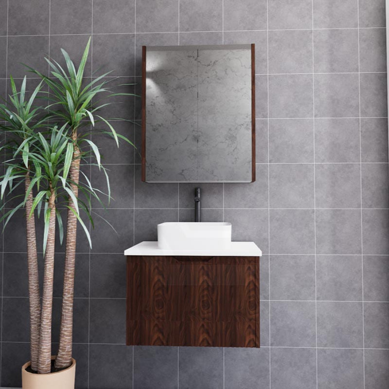600-1500Mm Wall Hung Vanity Fluted Style Brown Oak Color Pvc Coating Bathroom Vanities