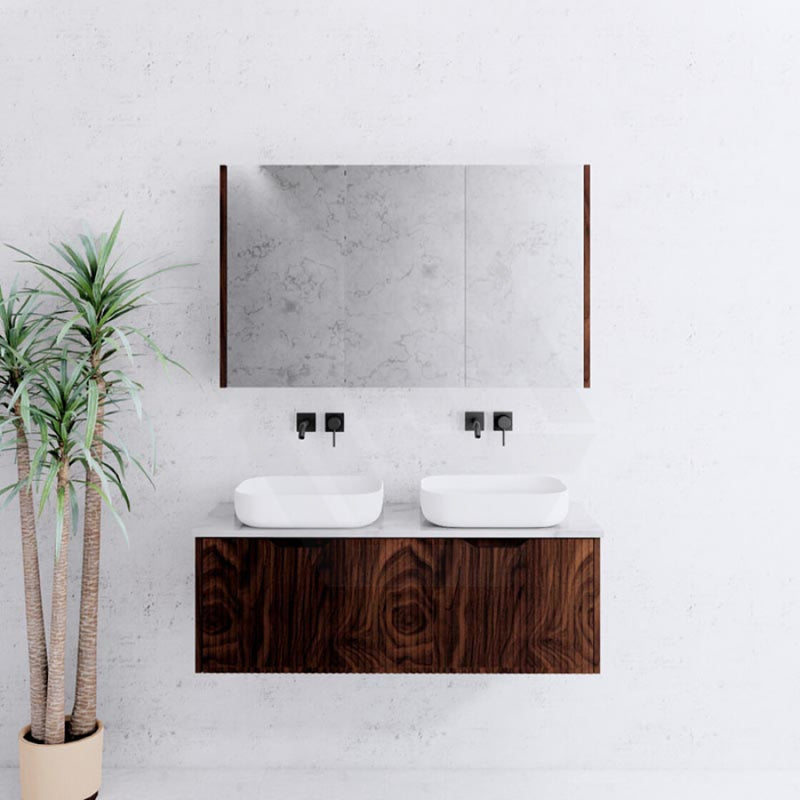 600-1500Mm Wall Hung Vanity Fluted Style Brown Oak Color Pvc Coating Bathroom Vanities