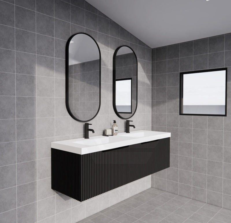 600-1500Mm Wall Hung Vanity Fluted Style Matt Black Color Pvc Coating Bathroom Vanities