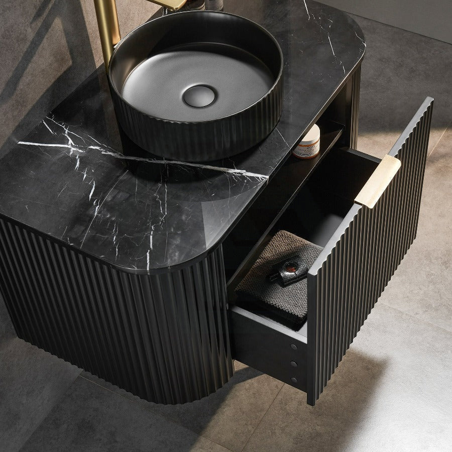 600-1800Mm Ceto Avalon Matt Black Wall Hung Bathroom Pvc Vanity With Soft Closing Drawers Curve