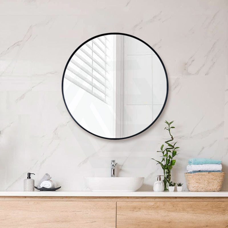 600/700/800/900Mm Black Aluminum Framed Round Bathroom Wall Mirror With Brackets 700X700X40Mm
