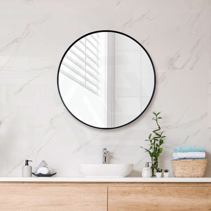 600/700/800/900mm Black Aluminum Framed Round Bathroom Wall Mirror With Brackets 700X700X40mm