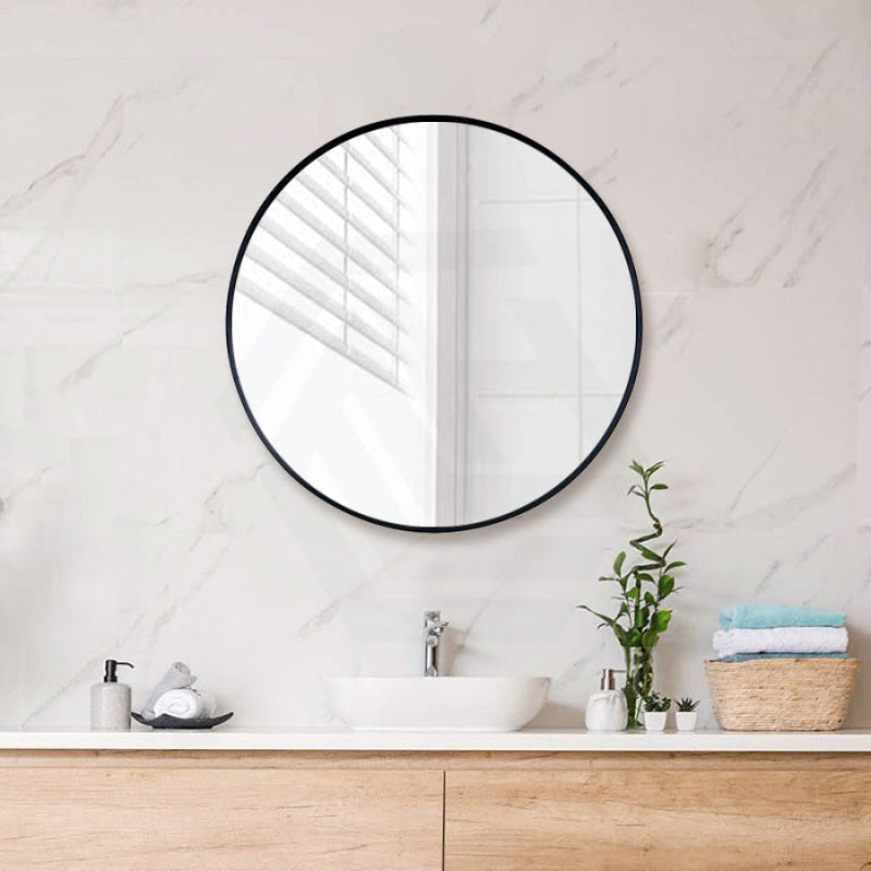 600/700/800/900mm Black Aluminum Framed Round Bathroom Wall Mirror With Brackets 800X800X40mm