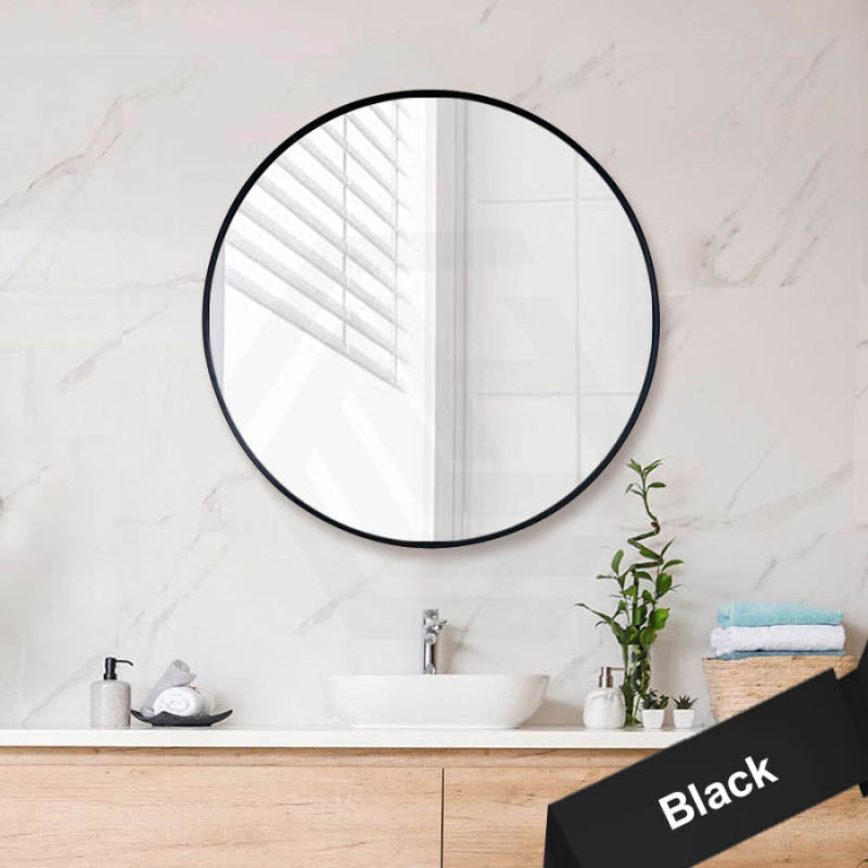 600/700/800/900mm Black Aluminum Framed Round Bathroom Wall Mirror With Brackets 900X900X40mm
