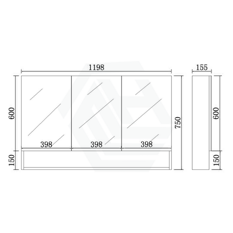 600/750/900/1200/1500mm Shaving Cabinet With Mirror PVC Board Wall Hung Storage Matt Black