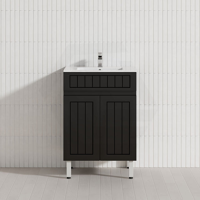 600Mm Hampton Freestanding Vanity Pvc Board Matt Black Linear Surface With Classic Ceramic Top