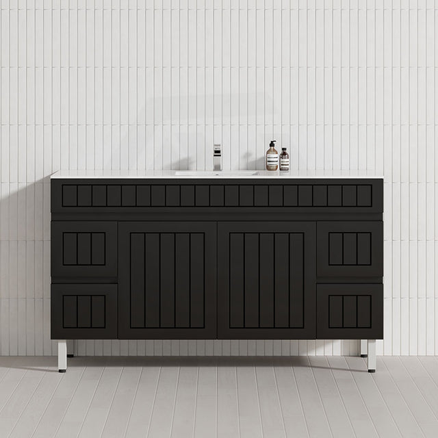 600/750/900/1200/1500Mm Hampton Freestanding With Legs Vanity Pvc Board Matt Black Linear Surface