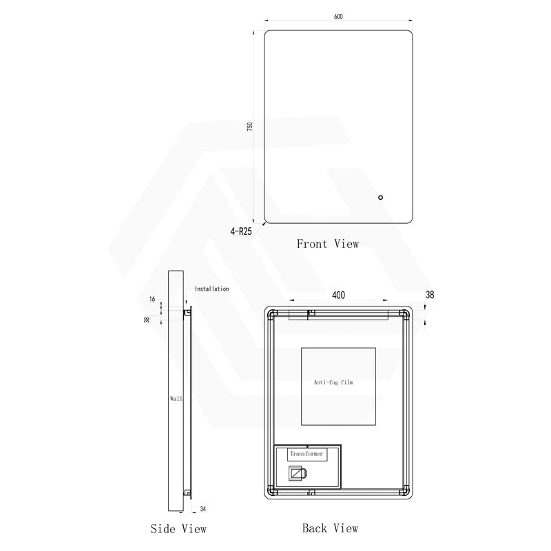 600x750mm Rectangle LED Mirror Touch Sensor Switch 3 Colours Lighting Backlit