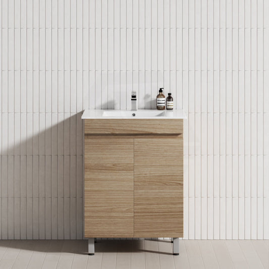 600/750Mm Narrow Berge Freestanding Bathroom Vanity White Oak Wood Grain Pvc Filmed Cabinet Only &