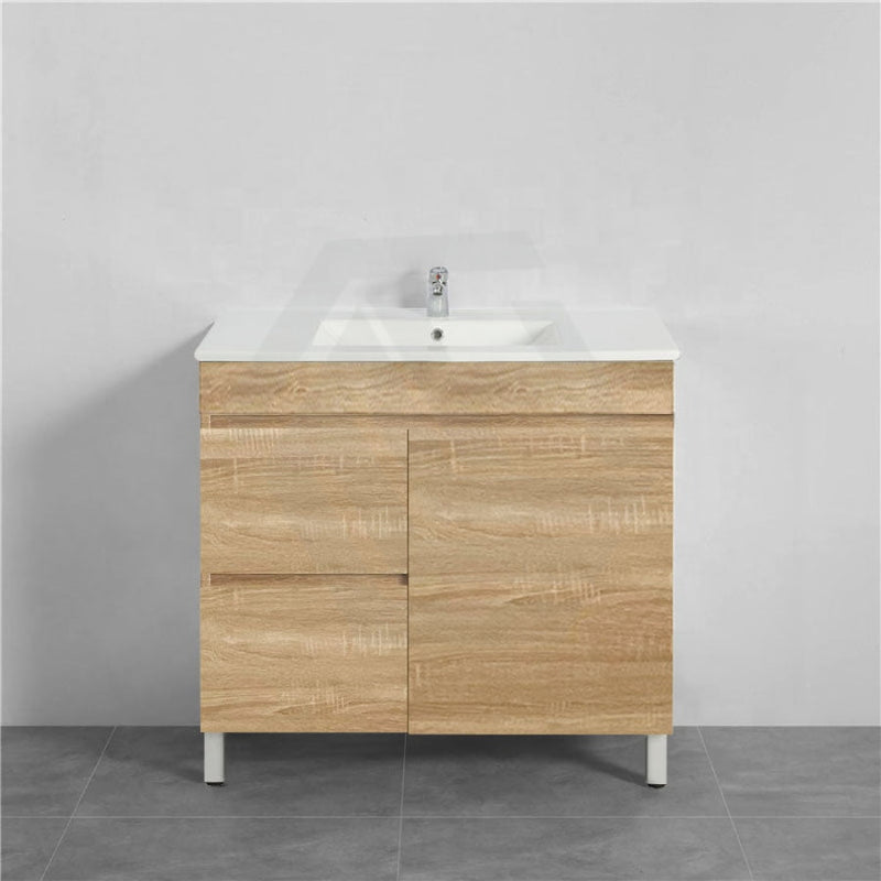 600/750Mm Narrow Berge Freestanding Bathroom Vanity White Oak Wood Grain Pvc Filmed Drawers Cabinet