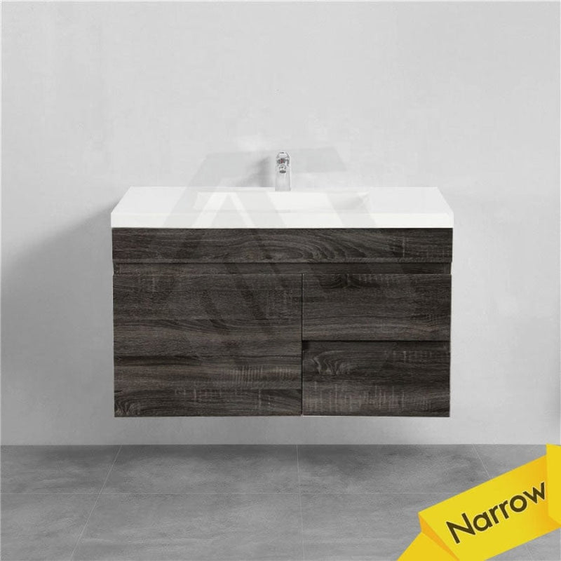 600/750Mm Narrow Berge Wall Hung Bathroom Floating Vanity Dark Grey Wood Grain Pvc Filmed Cabinet