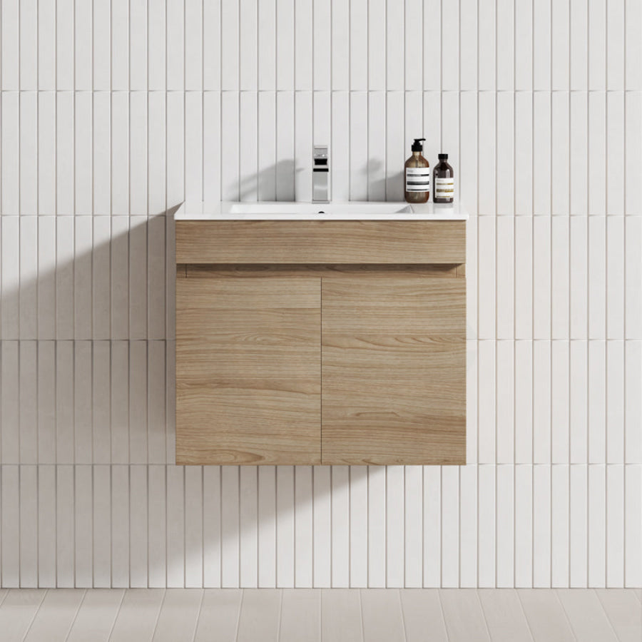 600/750Mm Narrow Berge Wall Hung Bathroom Vanity White Oak Wood Grain Pvc Filmed Cabinet Only 
