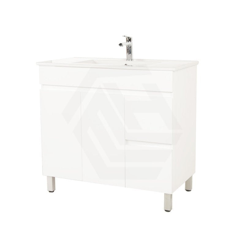 900Mm Narrow Premium Bathroom Vanity Freestanding Left/right Drawers White Pvc Polyurethane Cabinet