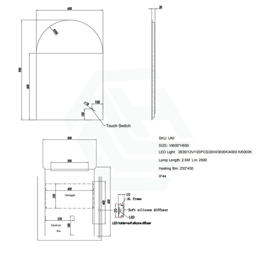 600mm Led Mirror Uni Arch Back Light Special Shape Led Mirrors