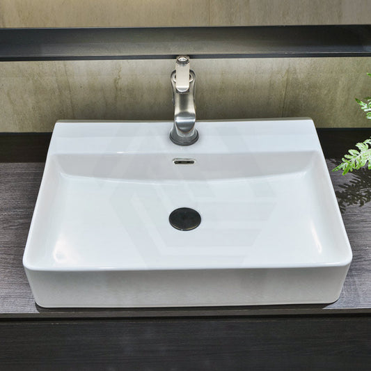600X420X130Mm Above Counter / Wall Hung Rectangle Gloss White Ceramic Basin One Tap Hole