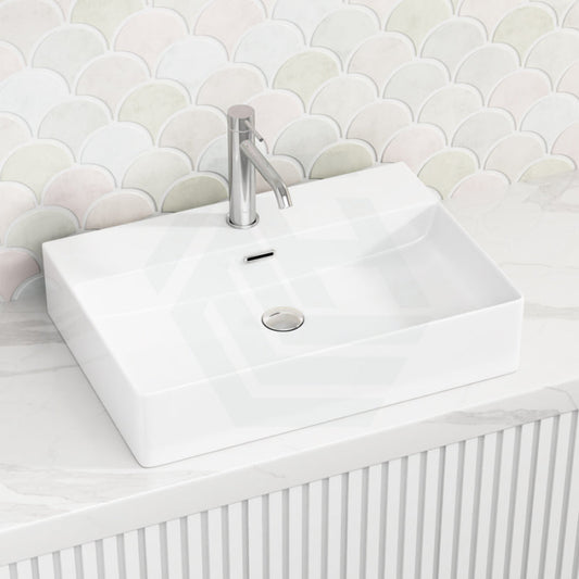 600X420X130Mm Above Counter / Wall Hung Rectangle Gloss White Ceramic Basin One Tap Hole Basins