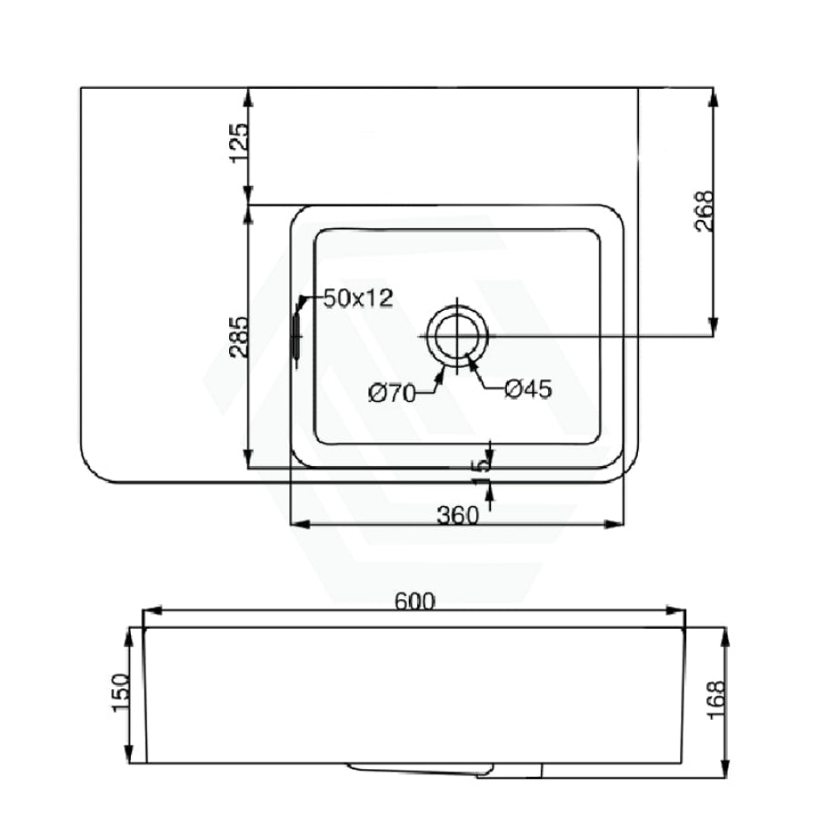 600X425X168mm Ikon Art Left/Right Rectangle Bowl Wall Hung White Ceramic Shelf Basin Basins