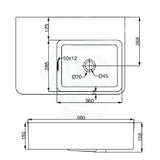 600X425X168mm Ikon Art Left/Right Rectangle Bowl Wall Hung White Ceramic Shelf Basin Basins