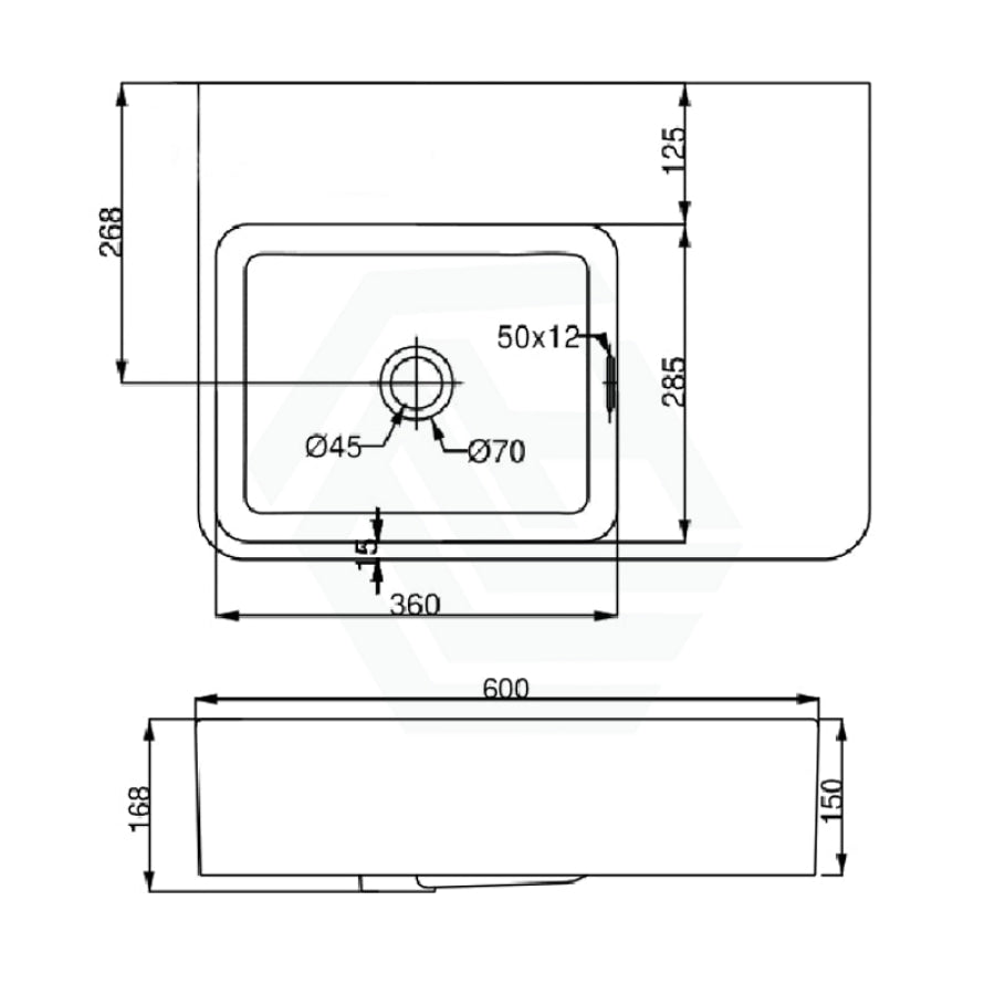 600X425X168mm Ikon Art Left/Right Rectangle Bowl Wall Hung White Ceramic Shelf Basin Basins