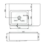 600X425X168mm Ikon Art Left/Right Rectangle Bowl Wall Hung White Ceramic Shelf Basin Basins