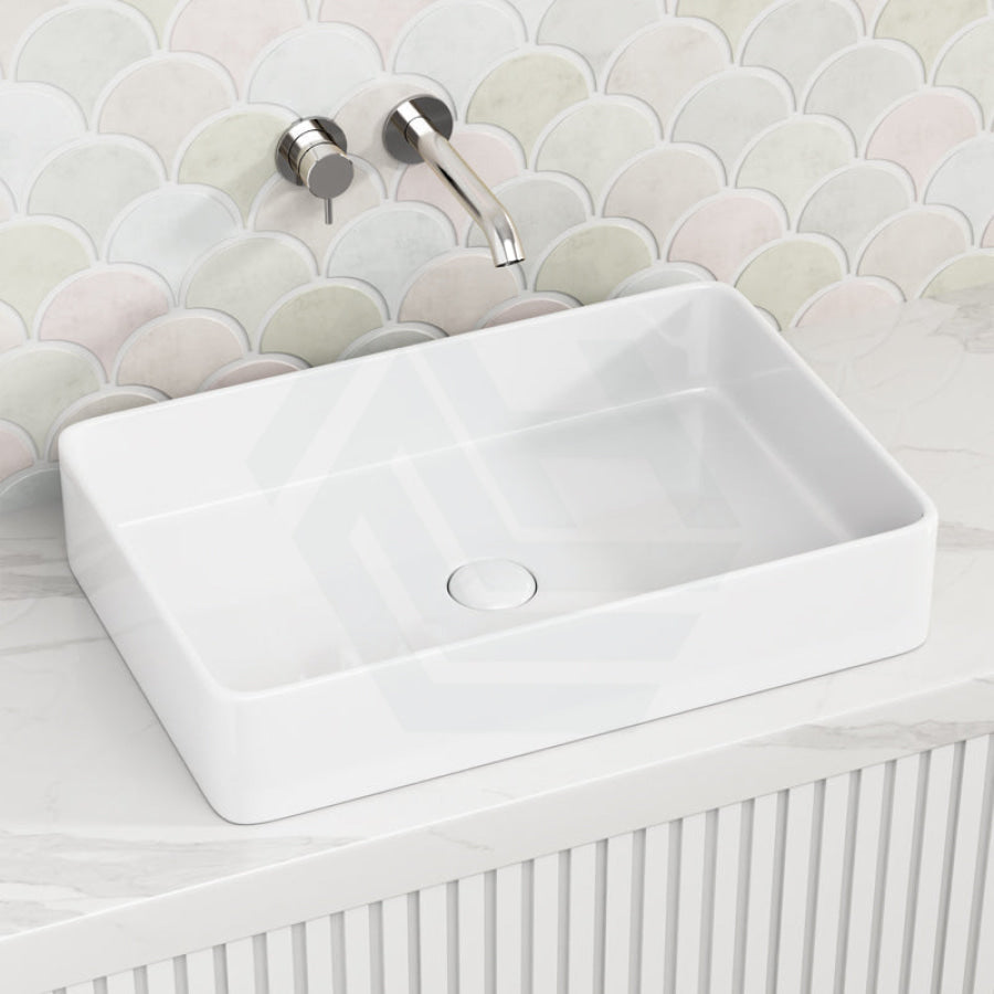 605x405x115mm Ultra Slim Rectangle Gloss White Above Counter Ceramic Basin
