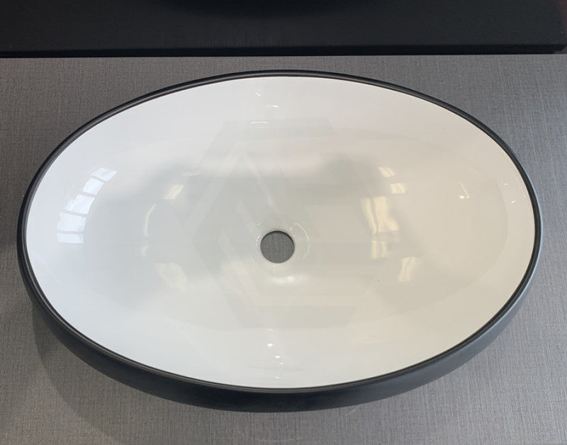 610X410X150Mm Oval Black & White Above Counter Ceramic Basin Round Edge