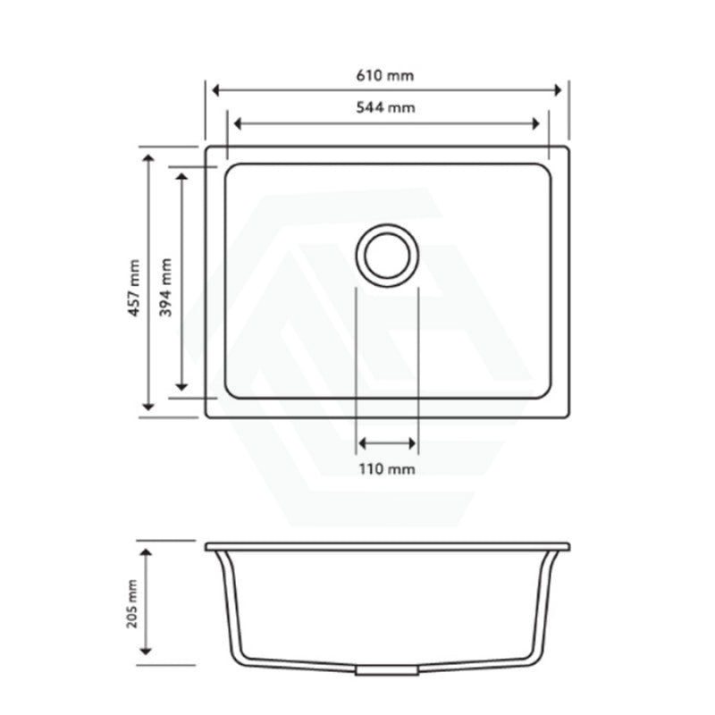 610X457X205Mm Carysil Concrete Grey Single Big Bowl Granite Kitchen/laundry Sink Top/flush/under