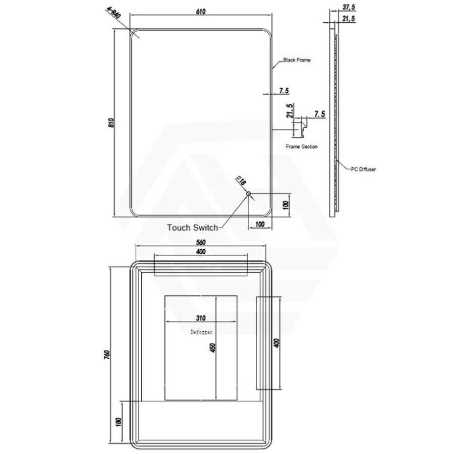 610X810mm Led Mirror Black Framed Rectangle Backlit Led Mirrors