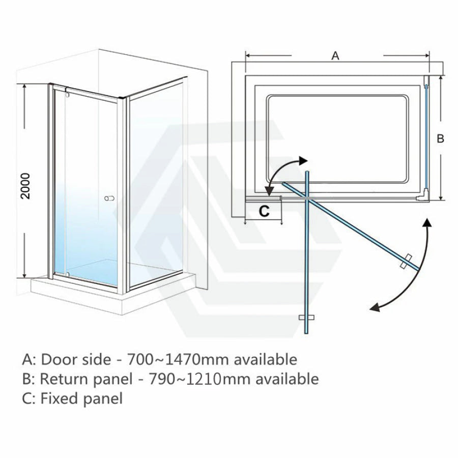 700-1470X2000Mm Semi-Frameless L Shape Shower Screen Pivot Door With Return Panel Black Fittings