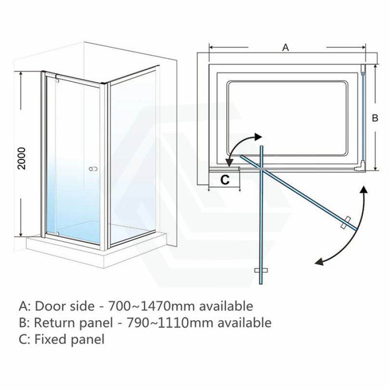 700 - 1470X2000Mm Semi - Frameless L Shape Shower Screen Pivot Door With Return Panel Chrome
