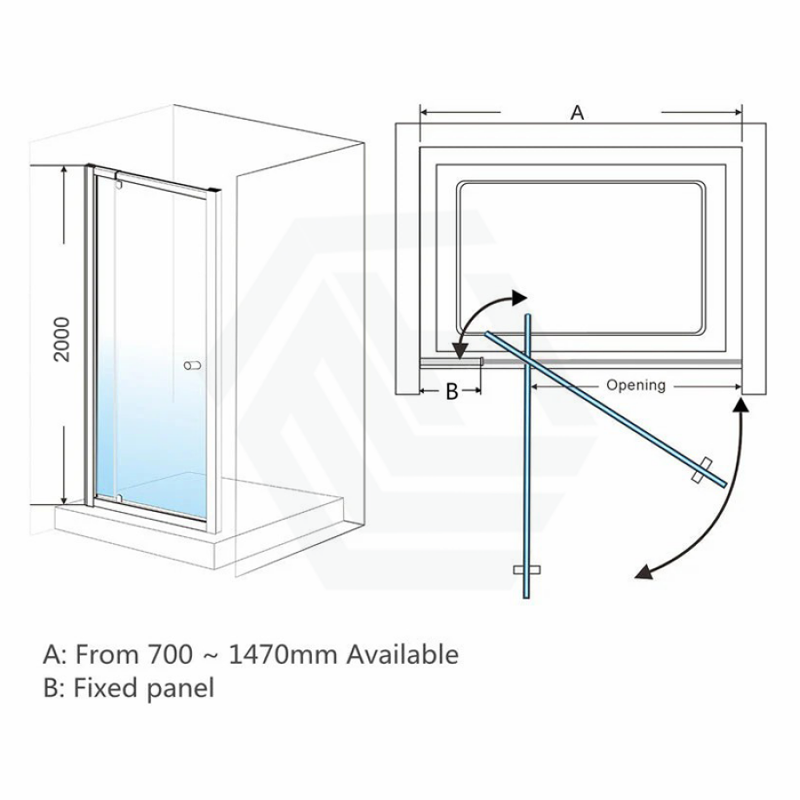 700 - 1470X2000Mm Semi - Frameless Shower Screen Pivot Door Wall To Matt Black Fittings 6Mm Glass