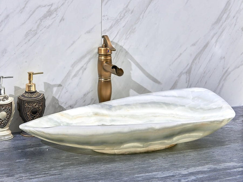 700X390X110Mm Above Counter Stone Basin Special Shape White Onyx Surface Luxury Bathroom Wash