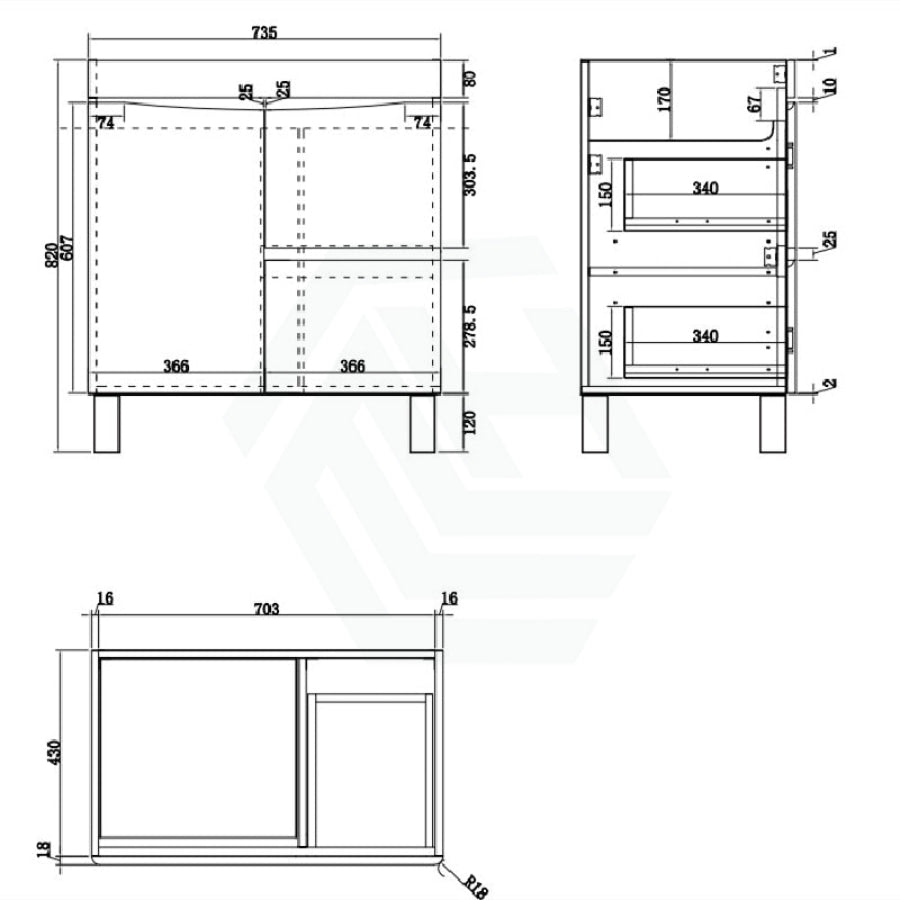 750Mm Freestanding Mdf Vanity Curve Edge Dark Oak Finish Left / Right Drawers Cabinet Only For
