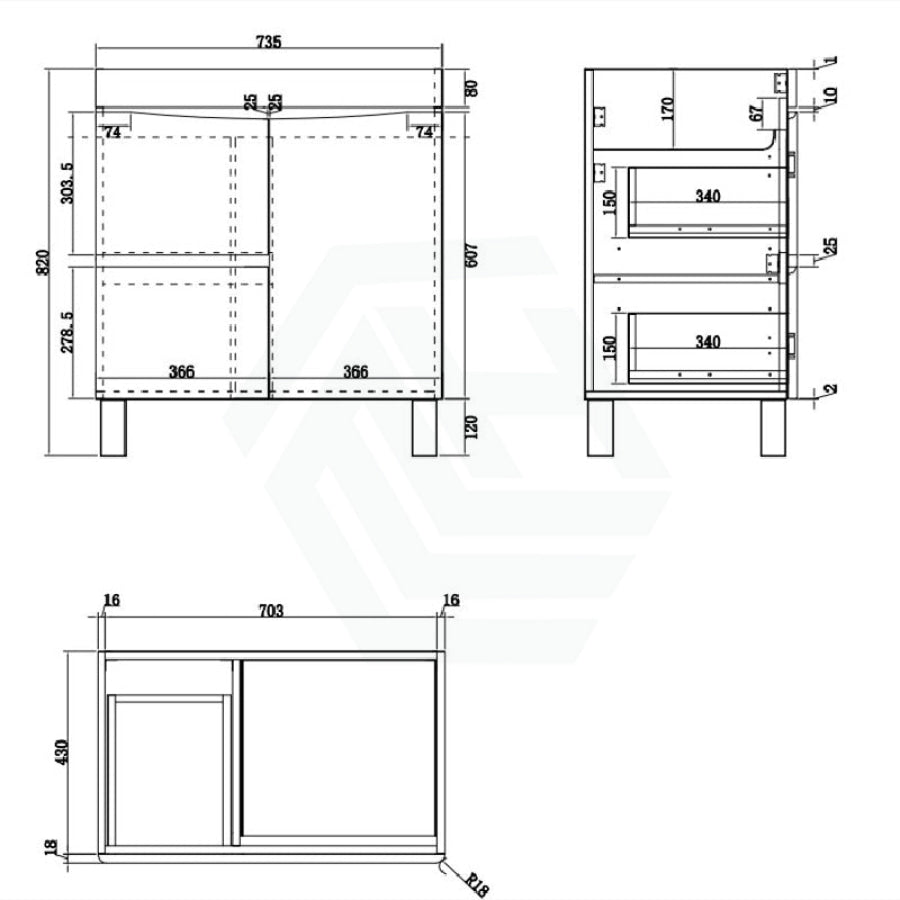 750Mm Freestanding Mdf Vanity Curve Edge Dark Oak Finish Left / Right Drawers Cabinet Only For