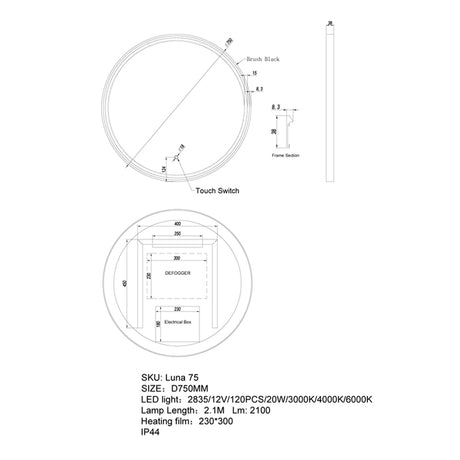 750/900Mm Led Mirror Round Black Framed Defogger Pad 750Mm Led Mirrors