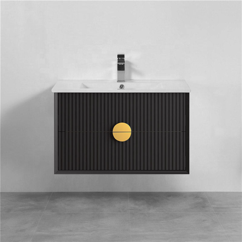 750mm Kingo Wall Hung Plywood Vanity Matt White/Black Linear Surface Finish Single Bowl Cabinet ONLY for Bathroom