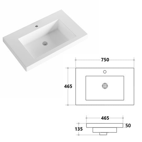 750X465X135Mm Poly Top For Bathroom Vanity Single Bowl 1 Or 3 Tap Holes Available No Overflow Hole