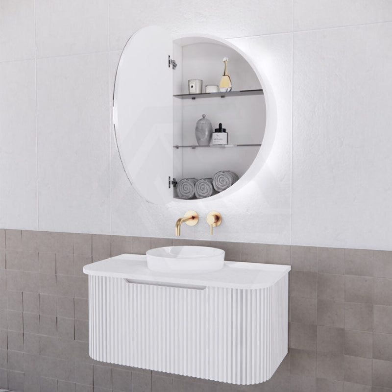 800Mm Round Led Backlit Pencil Edge Mirror Cabinet Matt White Shaving Cabinets