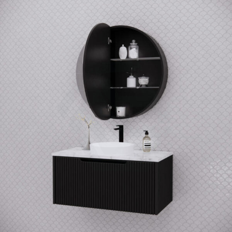 800X800X140Mm Round Pencil Edge Mirror Wall Hung Shaving Cabinet Matt Black Cabinets