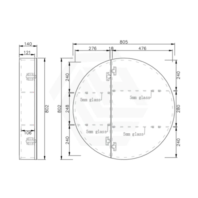 800x800x140mm Round Pencil Edge Mirror Wall Hung Shaving Cabinet Matt White/Matt Black