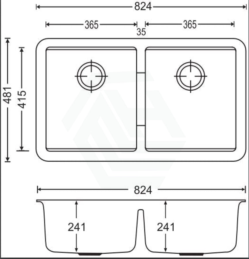 824X481X241mm Carysil Concrete Grey Double Bowls Granite Undermount Kitchen Laundry Sink
