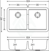 824X481X241mm Carysil Concrete Grey Double Bowls Granite Undermount Kitchen Laundry Sink