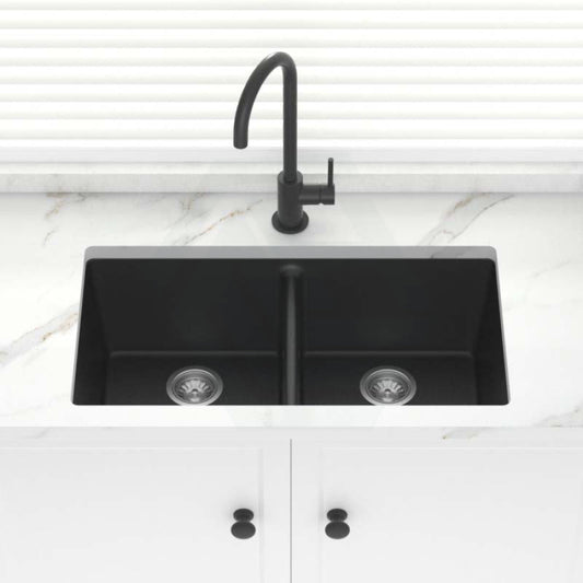Granite Kitchen Sink Double Bowls Under Mount 838mm Black