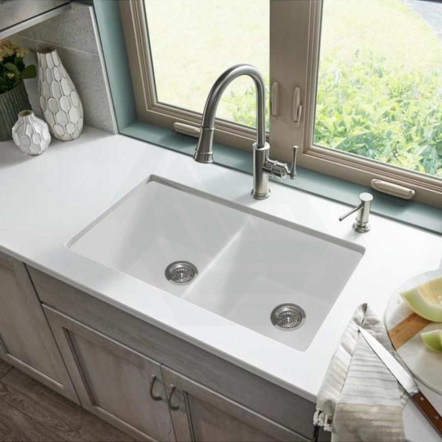 838X476X241mm White Kitchen Laundry Sink Granite Stone Under Mount Double Bowls