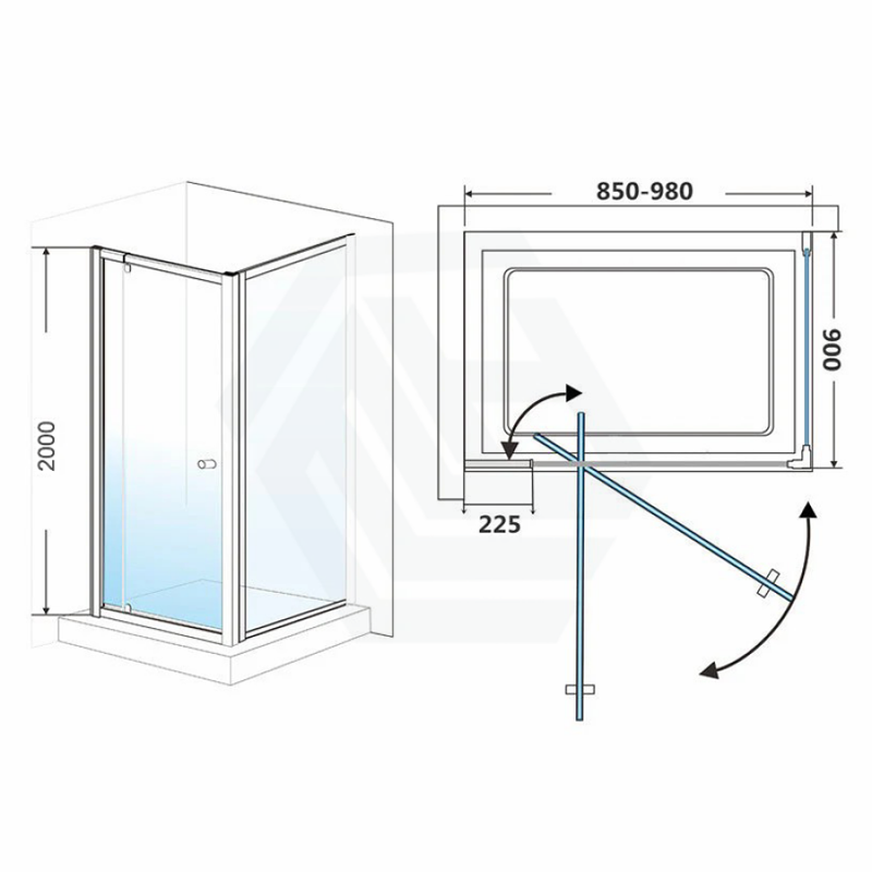 850 - 980X900X2000Mm Semi - Frameless Shower Screen Pivot Door L Shape Chrome Fittings 6Mm Glass